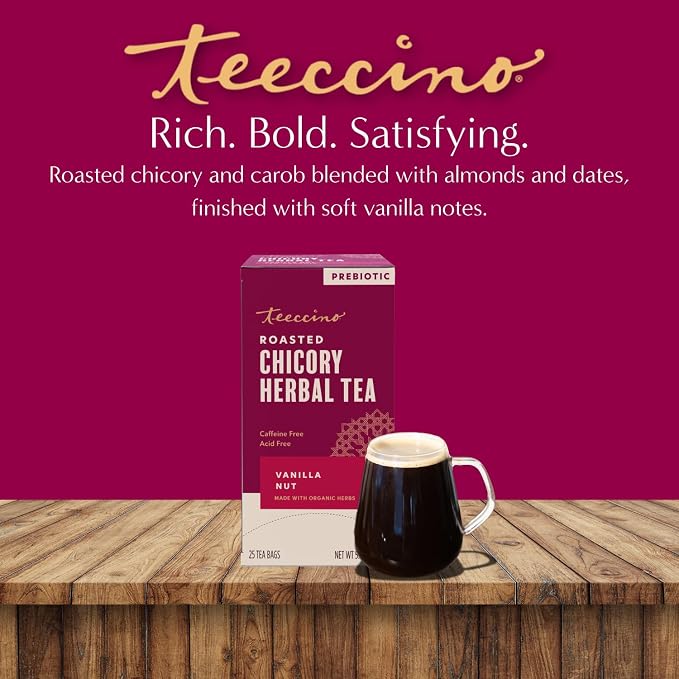 Teeccino Vanilla Nut Herbal Tea, 25 Tea Bags - Rich & Roasted Herbal Tea That’s Caffeine Free & Prebiotic for Natural Energy, 3X more Herbs, Acid Free, Great Hot or Iced
