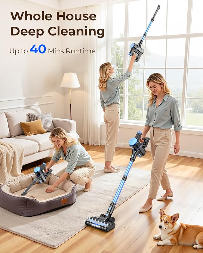 N8 Cordless Vacuum Cleaner,Lightweight Stick Vacuum with Powerful Suction,2200mAh Battery,40 Mins Runtime,Self-Standing, Rechargeable Vacuum Cleaners for Home Hardwood Floor Carpet Pet Hair (Navy)