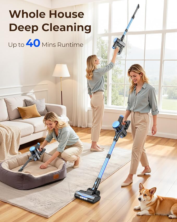 N8 Cordless Vacuum Cleaner,Lightweight Stick Vacuum with Powerful Suction,2200mAh Battery,40 Mins Runtime,Self-Standing, Rechargeable Vacuum Cleaners for Home Hardwood Floor Carpet Pet Hair (Cerulean)