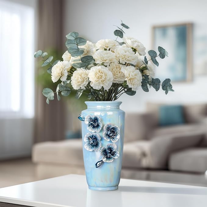 Blue Ceramic Vase 9 Inch - Modern Decorative Flower Vase for Centerpiece, Kitchen Table Living Room Home Decor