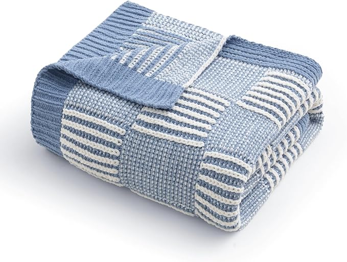 Knit Throw Blanket, Soft Chenille Cozy Breathable Dual Tone Checkered Chunky Decorative Blanket for Couch, Bed & Sofa, French Lightweight Warm Gift for Women, Washed Blue, 50"x60"