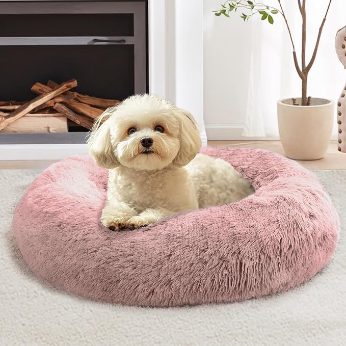 JOLLYVOGUE Calming Dog Beds Large Sized Dog, 36in Donut Washable Large Pet Bed, Anti-Slip & Anti-Anxiety Fluffy Faux Fur Round Dogs Bed, Fits up to 80 lbs Pets (Dark Pink)