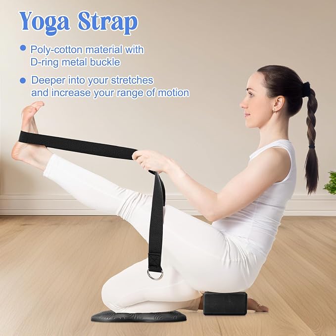 RoundFunny 5 Pcs Yoga Blocks Knee Pads Yoga Strap Set Soft Premium Foam Blocks Accessories for Pilates Meditation General Fitness Stability, Kneeling, Balance, Deepen Stretches and Toning