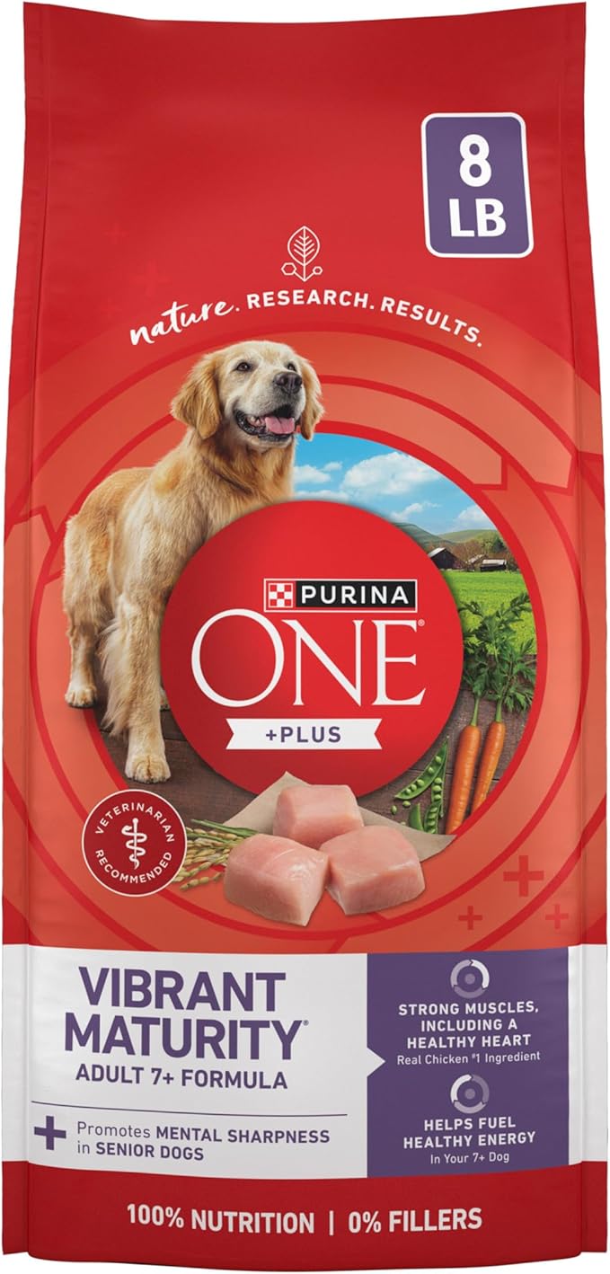 Purina ONE Plus Senior Dry Dog Food, Adult 7+, 8 lb Bag | Vibrant Maturity formula for mature 7+ dogs, real chicken as the first ingredient, promotes metal sharpness in senior dogs