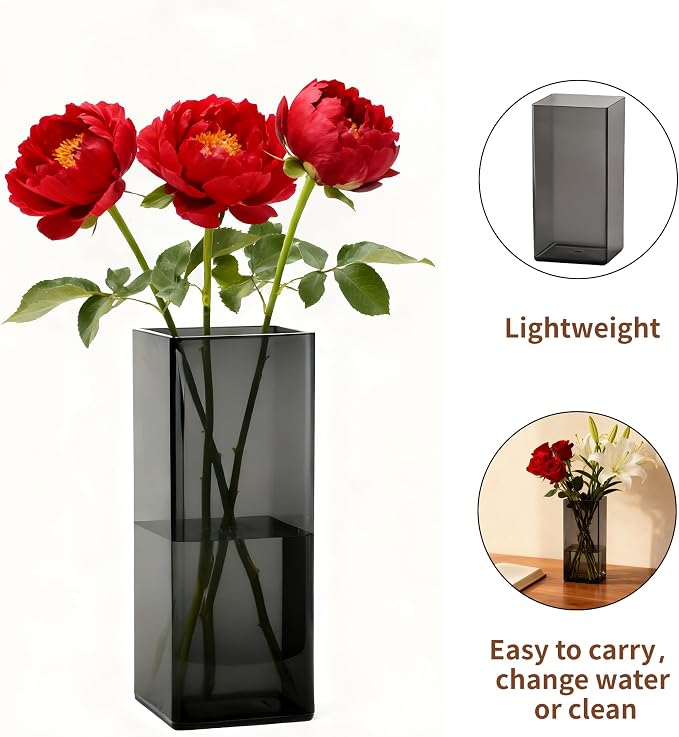 Acrylic Square Flower Vase, Non-breakable Vase, 4" x 4" x 10" Tall Grey Vases for Flower, Large Cube Floral Plant Container, Planter Terrarium for Wedding Party Event, Home Office Decor