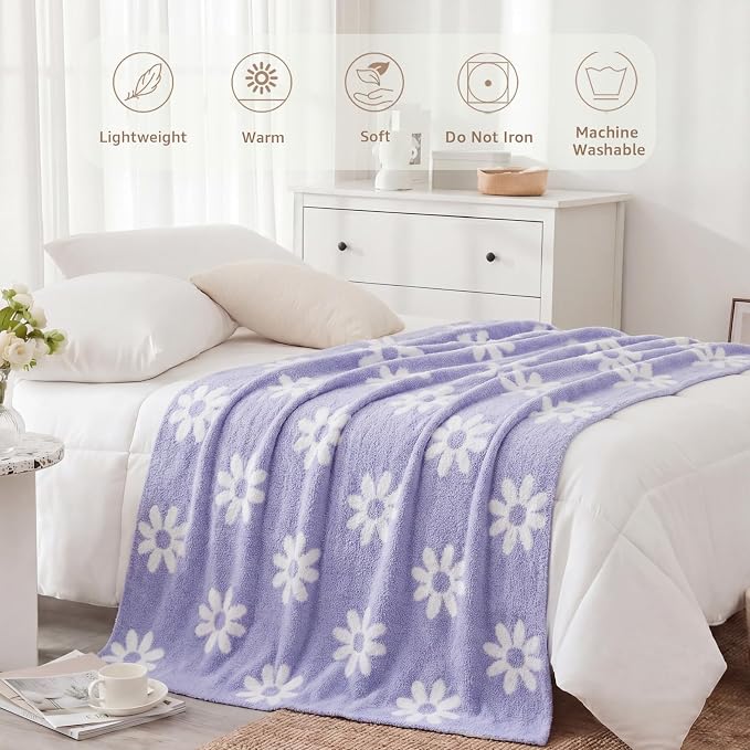 Soft Throw Blanket for Couch-Cozy Reversible Knitted Blankets | Lightweight Warm Fluffy Decor for Women, Mom, Her & Girls, Sofa, Chair, Bed, 50x70in, Daisy Floral Purple