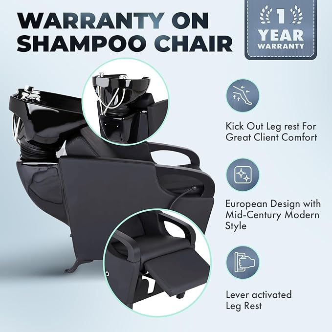 Buy-Rite Luna Noir Shampoo Backwash Unit – Black Porcelain Tilting Bowl, Lever-Activated Leg Rest, Extra Wide Padded Seat, Mid-Century Modern Style, Salon Chair & Sink Combo, YLG-583-1-BLACK