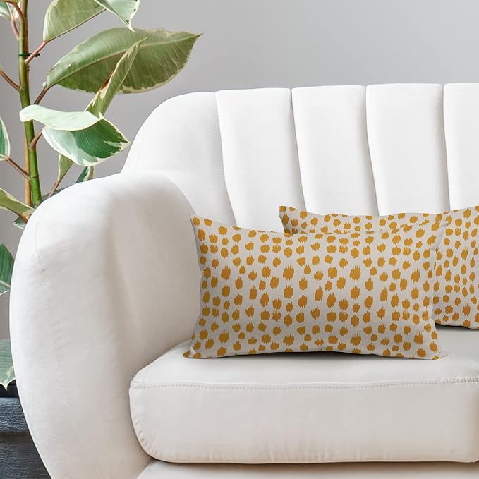 Mustard Yellow Cream Covers 12x20 Set of 2 Boho Design Polka Dot Throw Pillows Modern Brush Strokes Print Decorative Outdoor Pillowcase Lumbar Cushion Cover Linen Case for Sofa Couch Bed