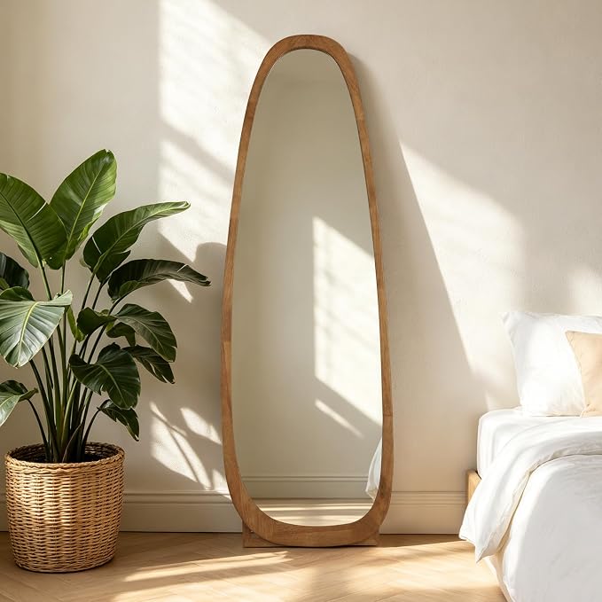 22x65 Inch Irregular Full Length Mirror with Stand, Floor Mirror with Wooden Frame,Full Body Mirror for Bedroom, Living Room, Cloakroom, Walnut