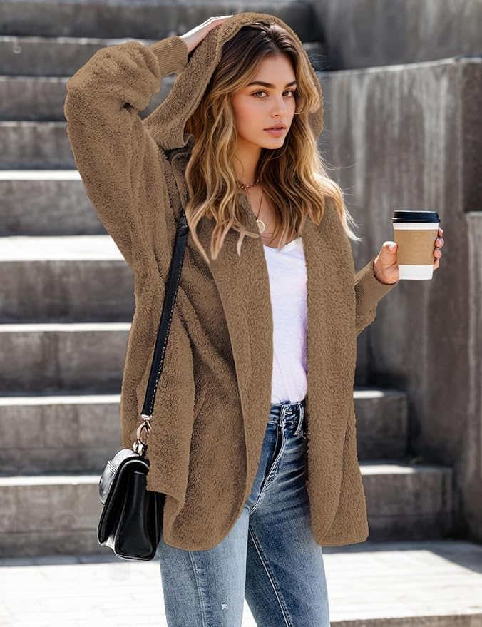 Zilcremo Women Hooded Cardigan Fuzzy Jacket Winter Open Front Fleece Coat Outwear with Pockets
