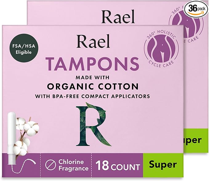 Rael Tampons, Compact Applicator - Made with Organic Cotton, Heavy Absorbency, BPA-Free, Chlorine Free, Leak Locker Technology (36 Count, Super)