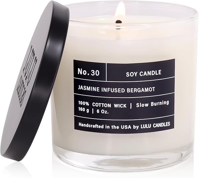 Lulu Candles | Jasmine Infused Bergamot | Luxury Scented Soy Jar Candle | Hand Poured in The USA | Highly Scented & Long Lasting- 6 Oz.