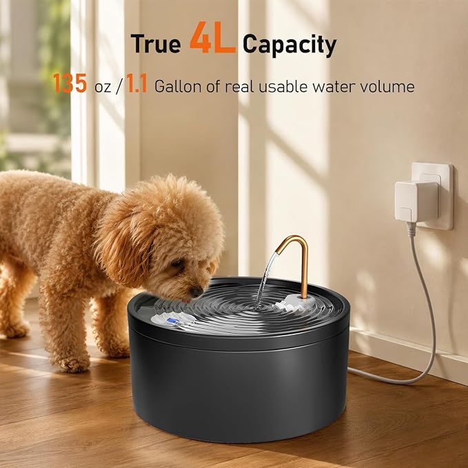 MISFANS Ceramic Dog Water Fountain, All-Ceramic Body, Pure Copper Spout | 4L/135oz Capacity, Under 20dB Pump, Dual Filtration, 3 Filters and 3 Sponges, Two Flow Modes, Small and Medium Dogs, Black