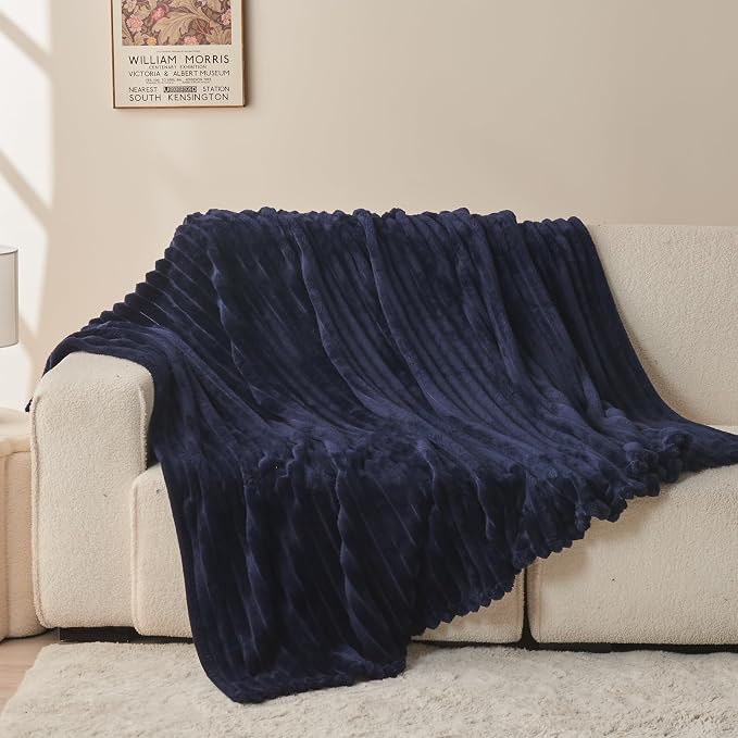 NEWCOSPLAY Fleece Ribbed Cozy Twin Blanket for Couch, Dark Navy, 60"x80" | Premium Silky Flannel Blanket, Soft Lightweight Fluffy Throw Blanket for Bed Sofa Decor, Gift for All Season Use