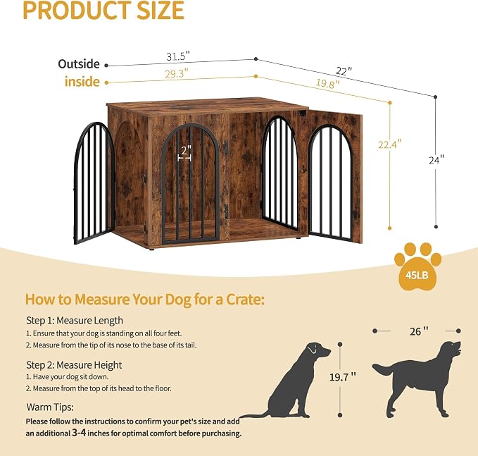 Hzuaneri 31.5'' Dog Crate Furniture,Dog Kennel Indoor for Small/Medium Dogs | Dog Kennel Furniture Wooden Dog Cage Heavy Duty Dog Crate Decorative Pet House End Side Table TV Stand,Rustic Brown DFC85101B