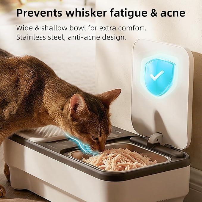 Cat Wet Food Automatic Feeder with Semiconductor Cooling & Pre-Heating, Programmable Timed Wet Food Dispenser for Cats, Stainless Steel Tray, Quiet, for 1-2 Cats Daily Use & Short Trips