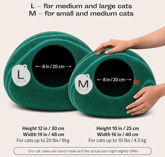 Cat Cave - Merino Wool Bed for Indoor Cats (Emerald, Medium) | Cat Bed Enclosure, Premium Felt, Handmade, Super Soft, Lightweight, Breathable, Adjustable Shape