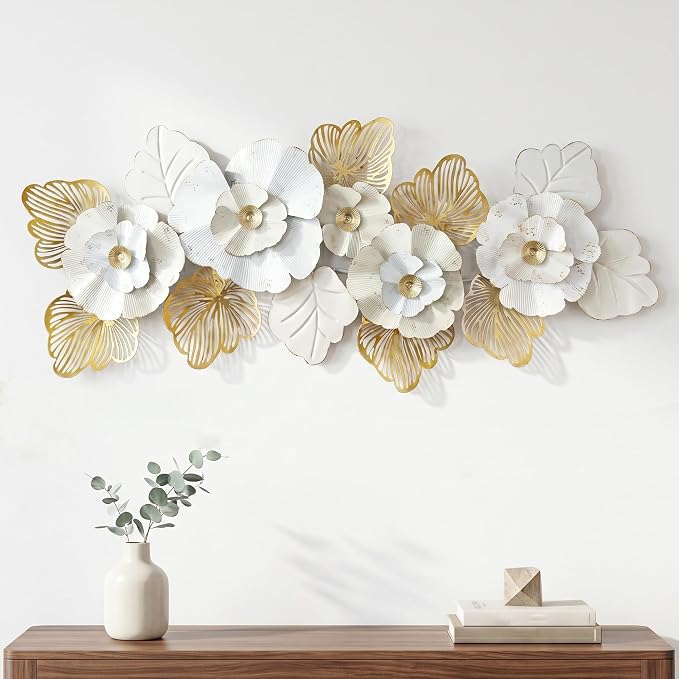 Axioglo 59" Large Wall Decor,3D Floral Metal Wall Art for Living Room | 59" x 27" metal wall decor with layered metal texture, mounting hardware, two-way display