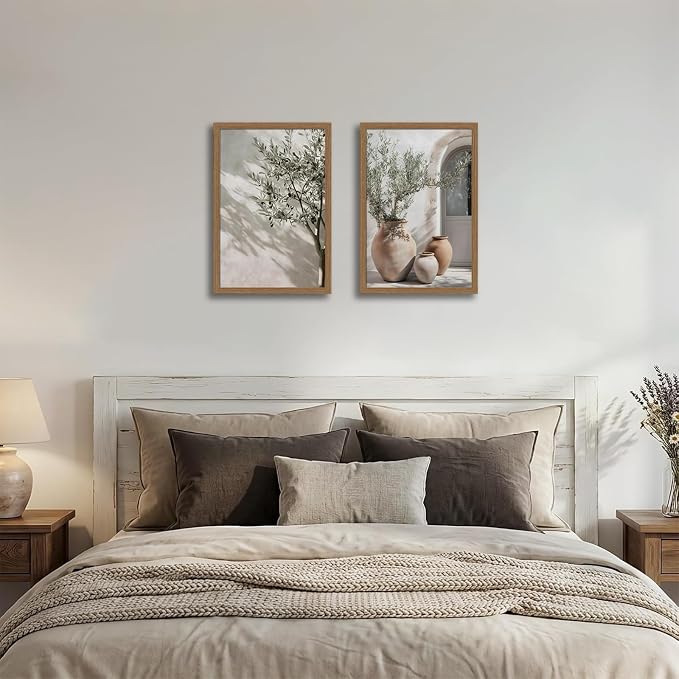 Mediterranean Wall Art Set of 2, Olive Tree & Pottery Framed Prints | Neutral Botanical Mediterranean Painting, Framed Picture Wall Decor for Living Room Bedroom Office 12x16 Inch