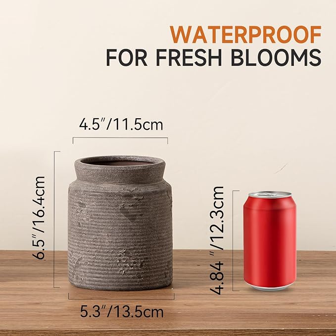 Ceramic Flower Vase 6.5 inch Farmhouse Rustic Vase for Home Decor Handcrafted Pottery Vase Small Terracotta Vases for Dining Table Fireplace Living Room Bathroom Wedding Centerpiece (S-Dark Gray)