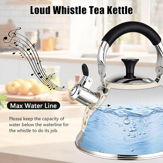 Stainless Steel Whistling Tea Kettle Stovetop - 3.1QT Tea Pot for Stove Top, Vintage Floral Print, Foldable Handle, 304 Stainless Steel Interior Teatop for Tea, Coffee, Party & Gift