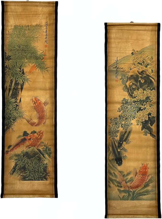CIFIBIFUN Wall Scroll Hanging Painting Decor Japanese Art Koi Fish Fengshui | 4Panels,Ancient Japan Paintings Replica ,Asia Traditional Art, Attract Wealth, Four Season Flower