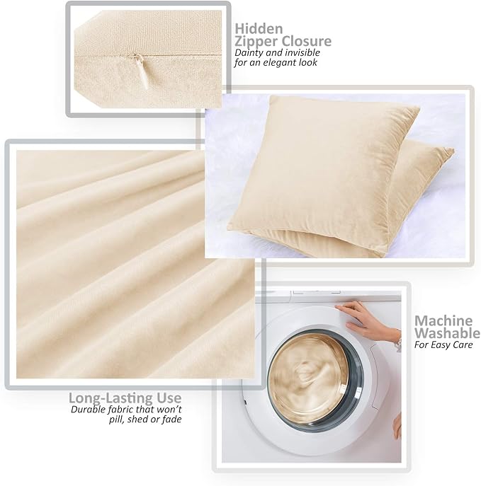 Throw Pillow Inserts Pack of 2 with Velvet Soft Solid Decorative Square Throw Pillow Covers Set for Sofa Couch Car Bedroom, 26X26 Throw Pillows Inserts with 24x24 Washable Cushion Covers, Beige Cream