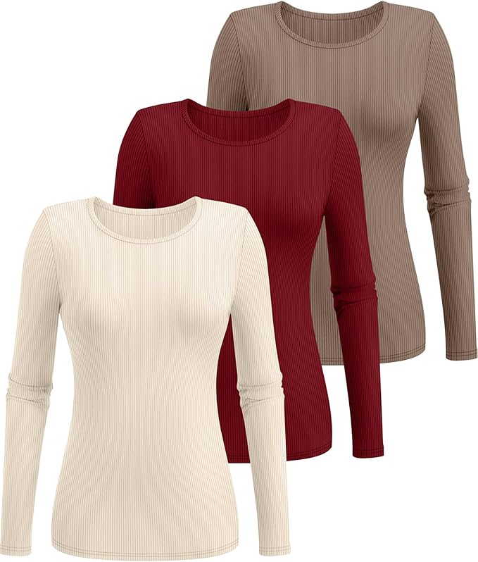 Ficerd 3 Pack Women's Ribbed Long Sleeve Tops, Crew Neck Slim Fit Undershirts Knit Basic Casual Stretch Layering Tee Shirts