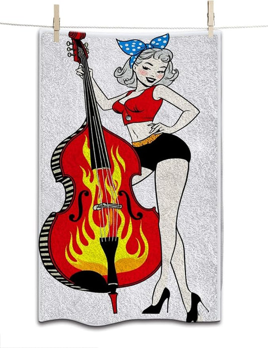 Rockabilly Pinup Girl Hand Towel Playing Double Bass with Flames Face Towels Suit Travel Sports Pool Swimming Bath Camping Spa Gym Yoga,15x30 Inch