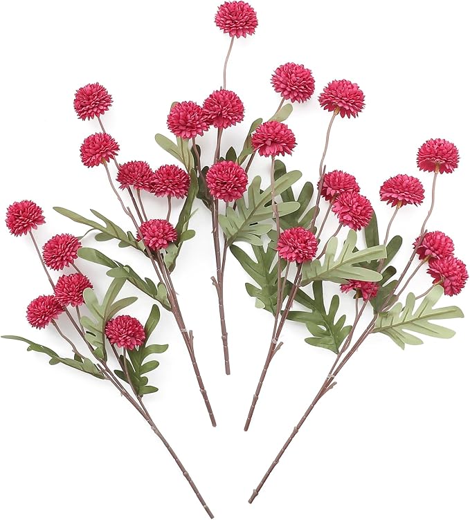 5pcs Dark Pink Faux Silk Mums Artificial Flowers, Bulk Fake Small Mini Chrysanthemums with Stems for DIY Fuchsia Wedding Centerpieces Floral Arrangements Vase Fillers Home Decorations