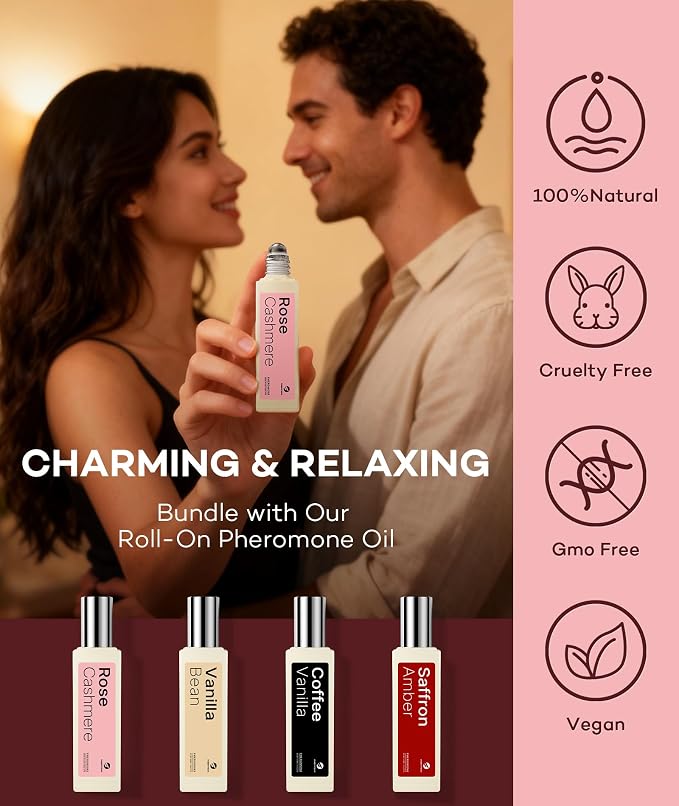 purefittech Pheromones Perfume Oil for Women, Long Lasting Rose Cashmere Roll-on Fragrance, Pure Essential Oil Parfum, 0.34 fl oz (10ml) Travel Size, Made in USA