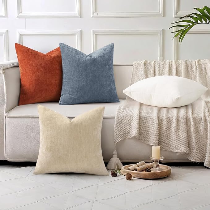 decorUhome Soft Chenille Haze Blue Throw Pillow Covers 20X20 Set of 2 | Decorative Fall Couch Pillow Covers Solid Dyed Accent Modern Farmhouse Neutral Square Pillow Cases for Sofa