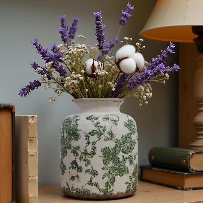 Vintage Green Crackle Glaze Ceramic Flower Vase, 6” Small Rustic Pottery Decorative Botanical Vase with Distressed Beige Rim French Country Farmhouse Cottage Tabletop & Mantel Home Decor