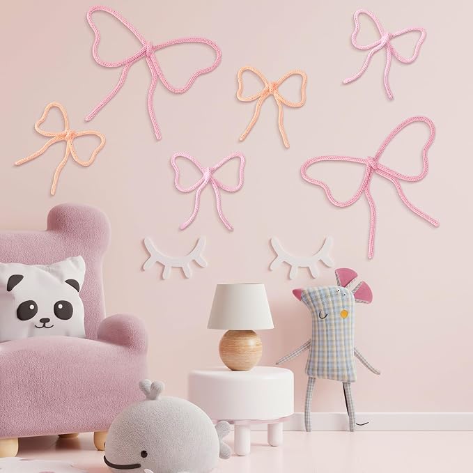 Barydat 6 Pcs Pink Bow Wall Decor Coquette Bow Nursery Decoration Room Decor Woven Macrame Wall Hanging 2 Size Boho Pink Preppy Decoration for Nursery Dorm Girls Room Art