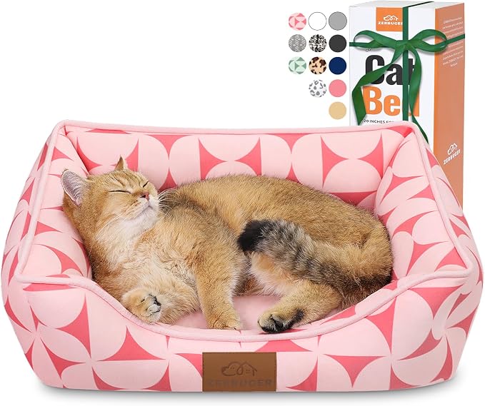 Zerbuger 20in Pink Pattern Rectangle Cat Dog Bed Machine Washable Sofa | Sleeping for Large Medium Small Pets Indoor Outdoor, Non-Slip Bottom Soft Puppy Bed Durable Orthopedic Calming Pet Cuddler