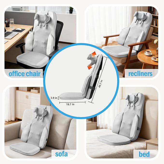 Shiatsu Neck Back Massager with Heat - 4D Kneading Full-Body Massage Cushion with Vibration, Dual-Neck Design, Adjustable Intensity, Height for Release Stress, for Office Chair, Home, Grey
