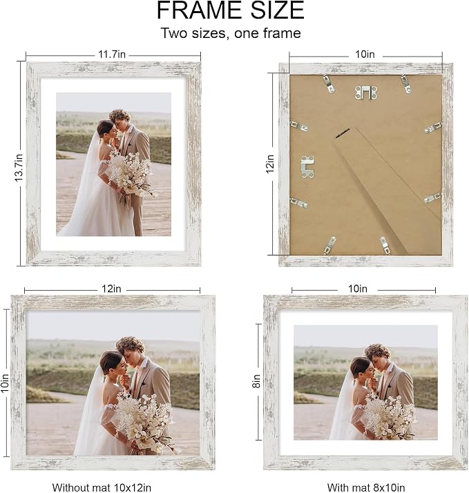 Hongkee 10x12 Picture Frame Set of 4, Made of Real Glass and Multicolour Frame - Display Picture 8x10 with Mat or 10x12 Without Mat, 10 by 12 Photo for Wall Mounting