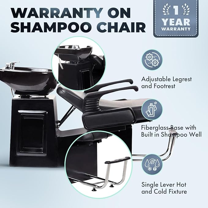 Buy-Rite Lounge Backwash Unit - Black Salon Shampoo Chair with Porcelain Sink, Adjustable Leg & Footrest, Ergonomic Headrest, Single Lever Faucet, Vacuum Breaker, TS-8012