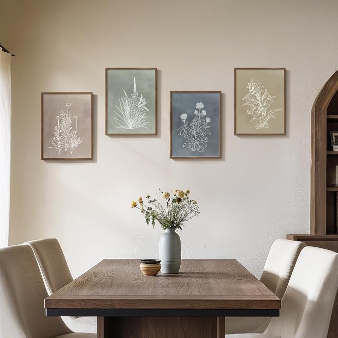 Framed Boho Neutral Botanical Wall Art for Living Room, 4 Piece 12x16 In | Rustic retro artwork, Floral pictures, Canvas prints, Vintage flower paintings, Modern farmhouse wall decor, Bedroom decor