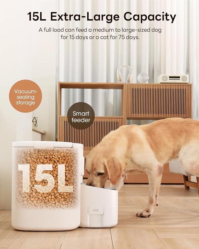 Dokoo Automatic Dog Feeder for Large Breeds, 15L/63 Cups Vacuum-Sealed | Airtight Auto Pet Feeder for Dry Food, Timed Feeding, Anti-Clog Dispenser 2-22mm Kibble, Voice Recorder, Stainless Steel Bowl