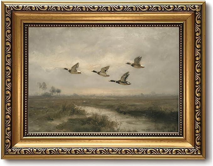 Vintage Hunting Gold Framed Wall Art Flying Mallard Duck Wall Decor Art | Rustic Landscape Painting Canvas Art Farmhouse Cottagecore Small Framed Prints Artwork Bedside Tables Foyer Bookshelf Entry