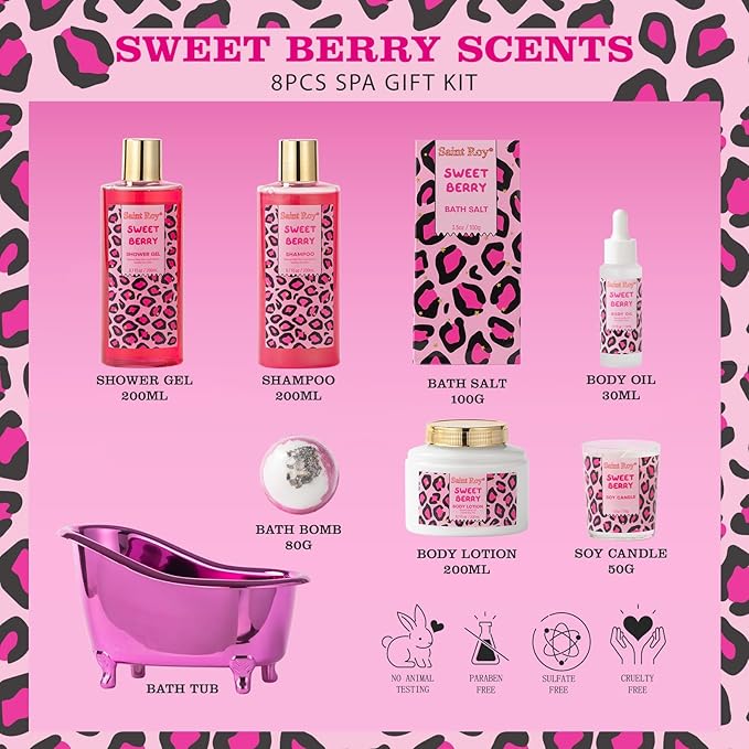 Mothers Day Gifts for Women, Bath and Body Gift Basket Set Home Bath Spa Gift Basket for Women Sweet Berry Bath Sets for Teens Gift Aromatherapy Home Spa Kit with Body Oil, Women's spa Kit Best Gifts
