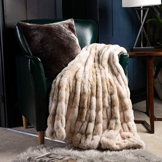 BATTILO Luxury Faux Fur Throw Blanket for Couch, 60"x80", Tie-dye-Beige