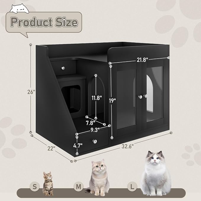 Cat Litter Box Enclosure with Light, Hidden Litter Box Furniture with 2 Storage Drawers & Smart Doors, Cat House Side Table for Living Room Entryway (Black)
