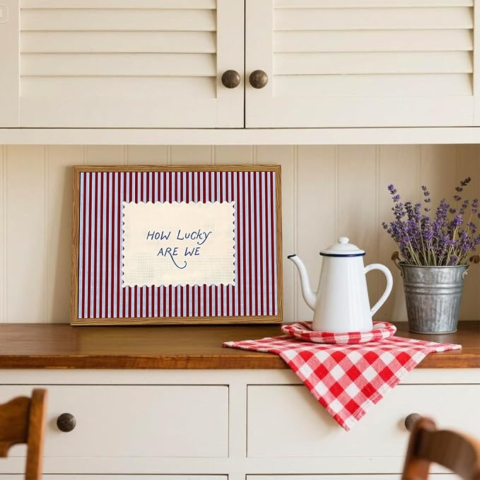 Framed How Lucky Are We Wall Art, Trendy Positive Affirmation Quotes Canvas Wall Decor Paintings, Red Striped Pictures Prints Preppy Home Decor for Living Room Bedroom Dorm 16x24 inch