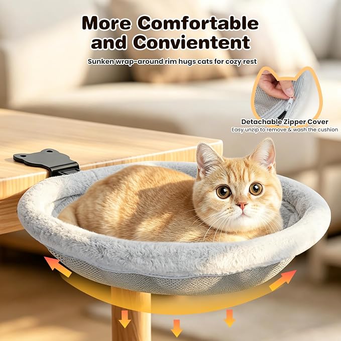 Cat Desk Bed,Cat Desk Hammock with Foldable Clip-On, Light Gray | Reversible Double-Sided Mat&No-Drill Sturdy Metal Cats Perch,Supports 40 lbs,Space-Saving Cats Furniture for Home Office Game