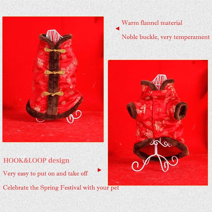 SEIS New Year Cat Knot Buttons Coat Dogs Cheongsam Winter Pet Clothes Vest Christmas Costume for Cats Teddy Bichon Small Medium Dogs (Brown, M (Chest Circumference 55cm/ 21.6"))