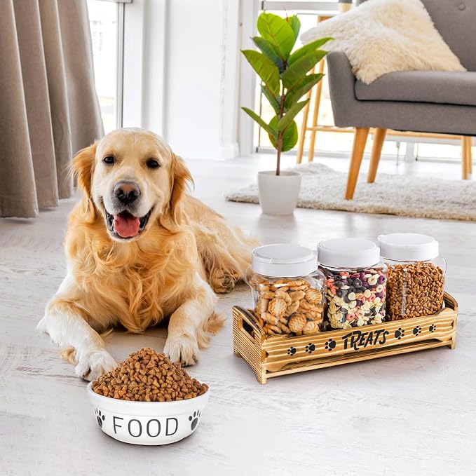 Tlence Dog Treat Container Set, 3 Airtight Plastic Jars with Wooden Paw Print Stand, Pet Treat Holder with Scoop for Kitchen Counter