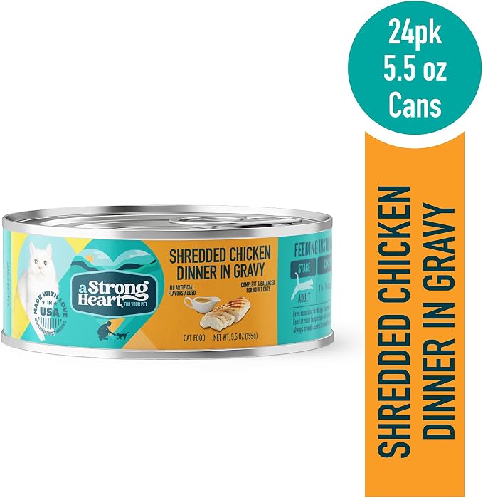 A Strong Heart Cat Food, Shredded Chicken in Gravy, 5.5oz, 24pk | Real chicken in savory gravy, tender chunks, made in USA, all life stages