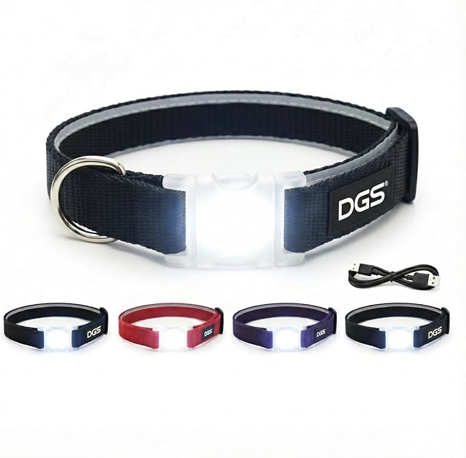 Dog Gone Smart Pet Products Super Bright LED All Day & Night Wear Safety Comet Collar Dogs, Adjustable Breathable Strong Nylon, Puppies, Large, Medium, Small